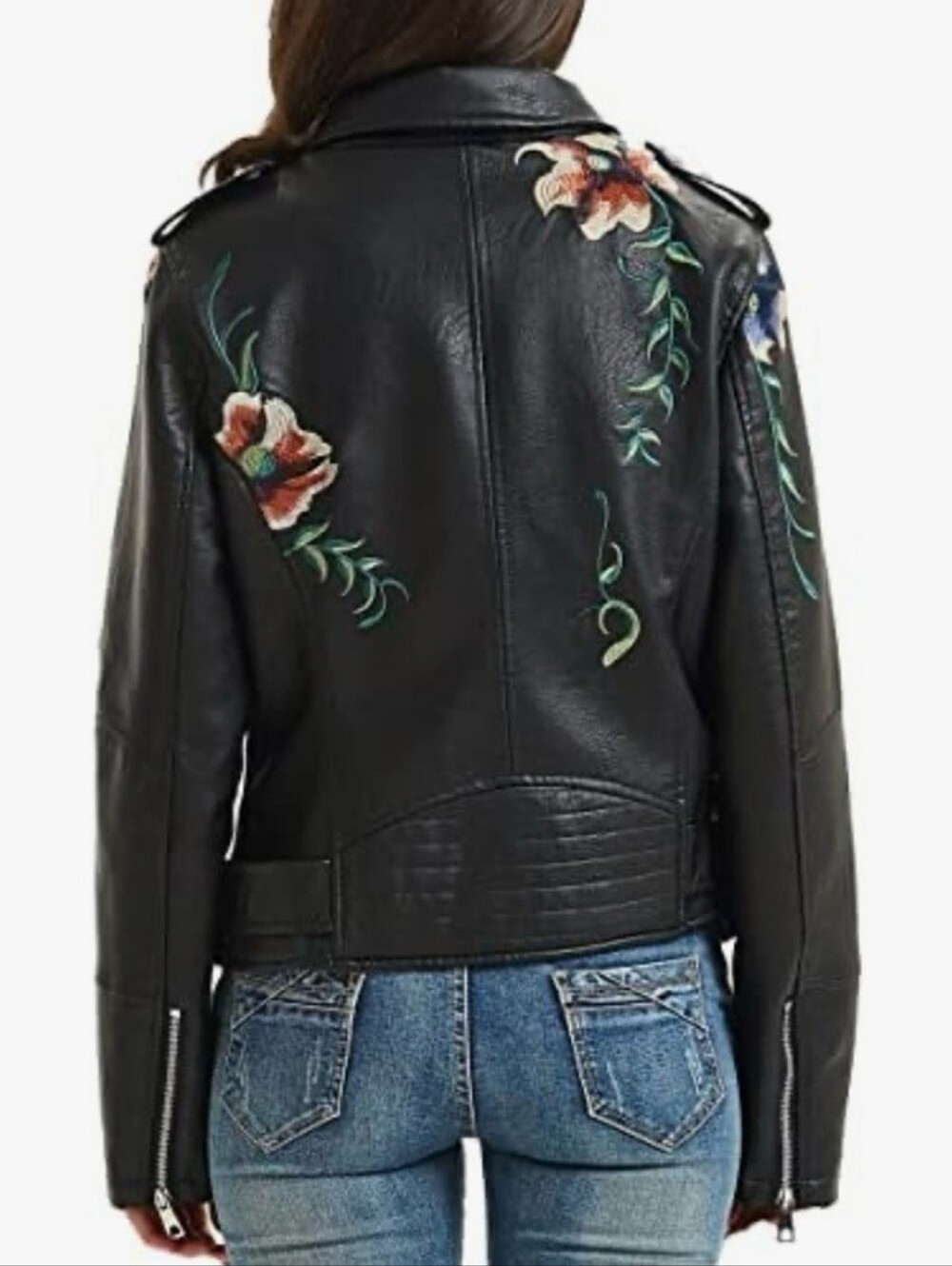 BELLIVERA Floral Vegan Leather Embroidered Moto Jacket Black - Picture 8 of 14